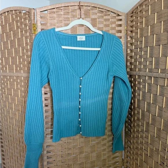 ARITZIA Wilfred Blue Ribbed Pearl Button Cardigan - Picture 1 of 4